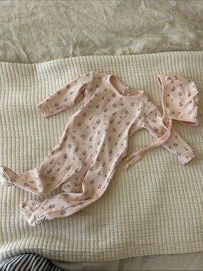 Baby Pink Floral Footed One-Piece with Matching Bonnet
